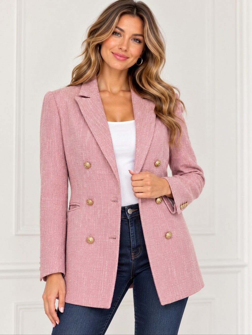 Cicy Bell Pink Tweed Double Breasted Gold Button Long Blazer Jacket M